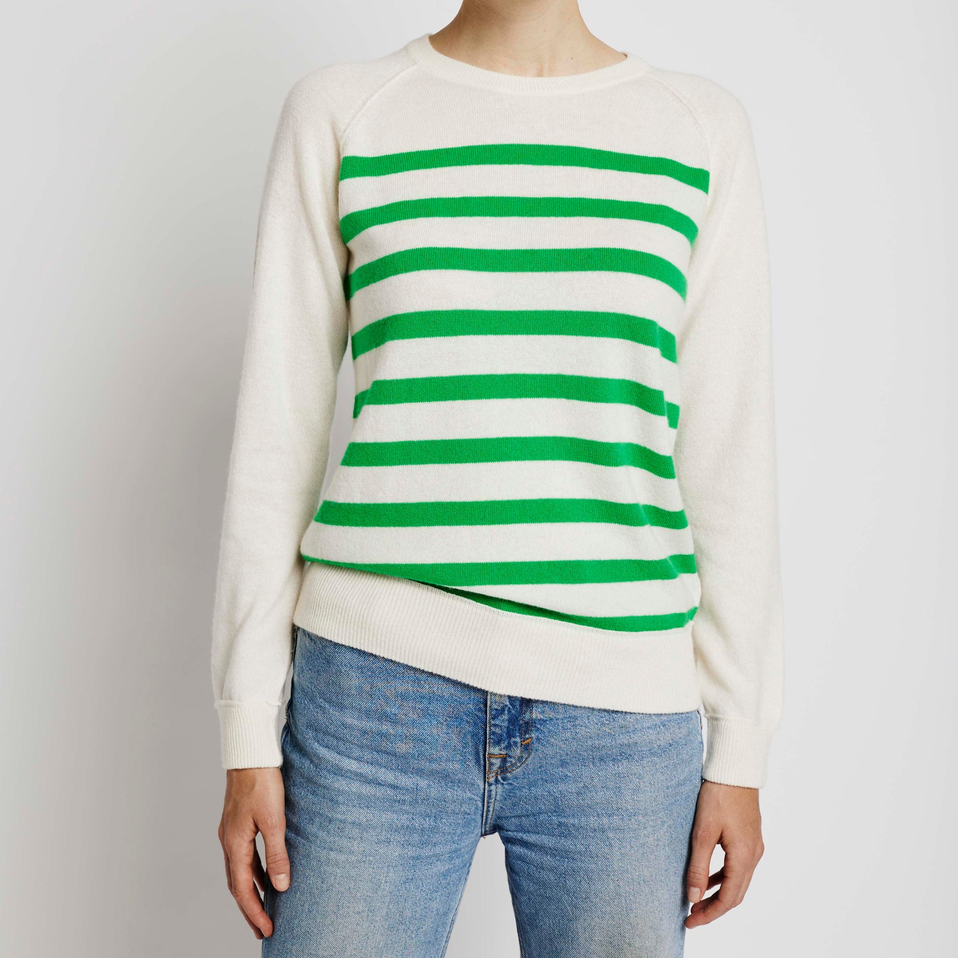 Alabaste Le Breton cashmere striped sweater in spring green and cream, front view, 100% Mongolian cashmere, fully-fashioned with raglan sleeves, size S.