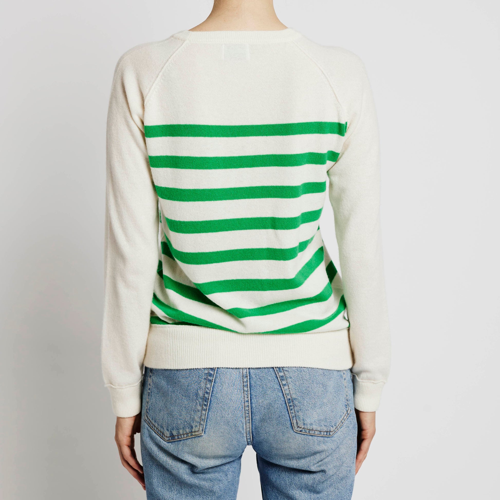 Alabaste Le Breton cashmere striped sweater in spring green and cream, back side view, 100% Mongolian cashmere, fully-fashioned with raglan sleeves, size L.