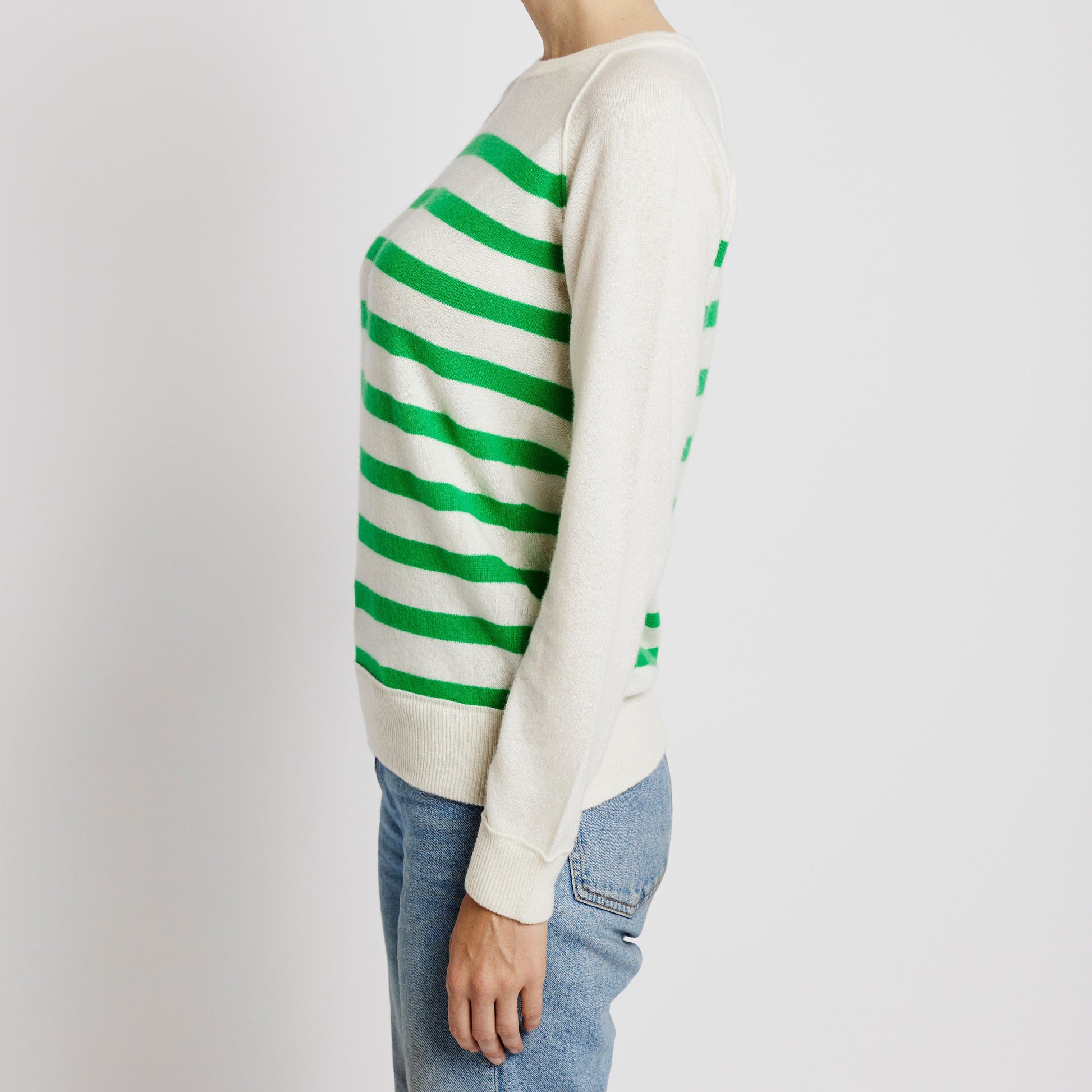 Alabaste Le Breton cashmere striped sweater in spring green and cream, side view, 100% Mongolian cashmere, fully-fashioned with raglan sleeves.