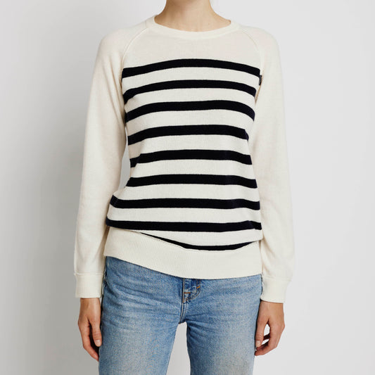 Alabaste Le Breton cashmere striped sweater in black and cream, size S, side view, 100% Mongolian cashmere, fully-fashioned with raglan sleeves.