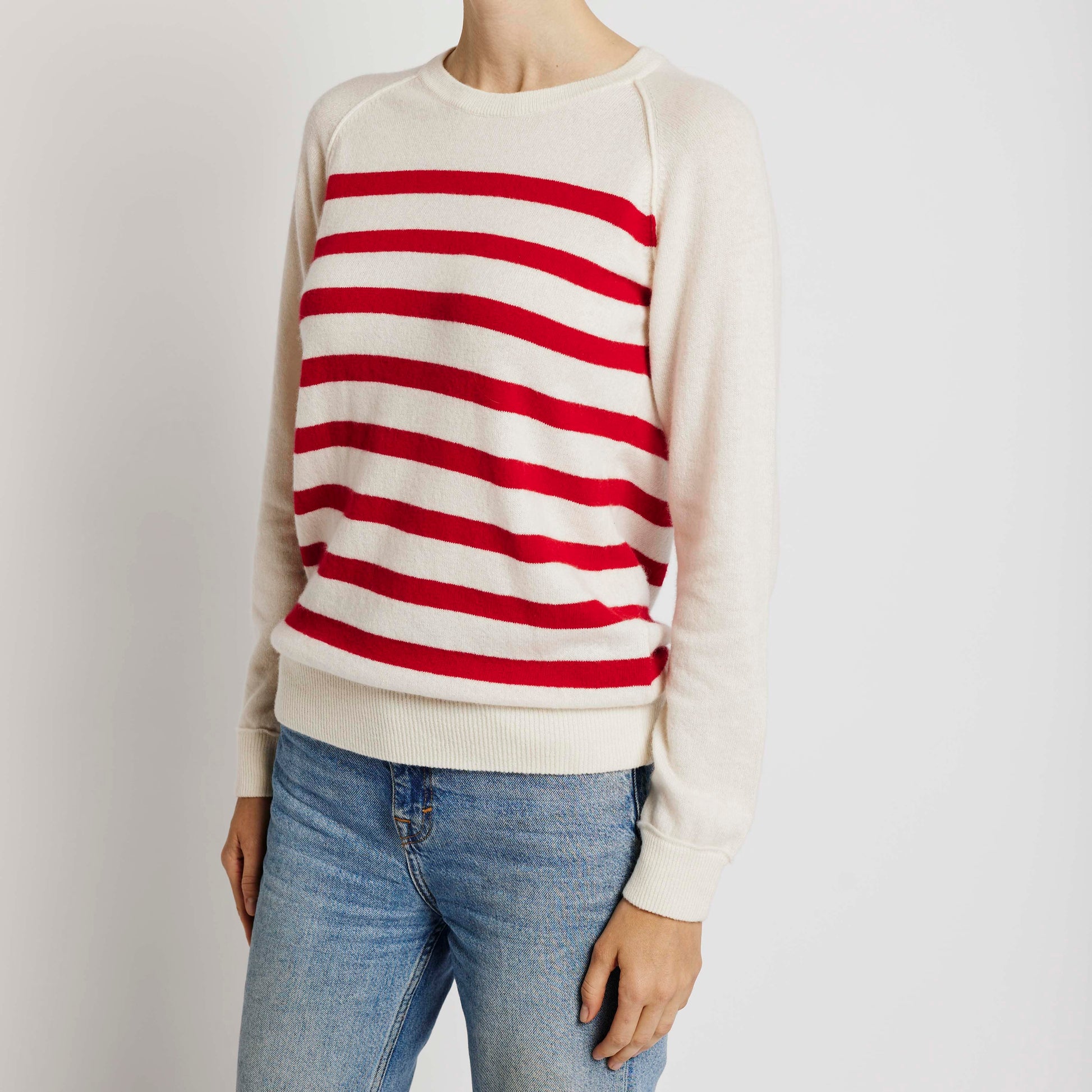 Alabaste Le Breton cashmere striped sweater in red and cream, side view, size M, 100% Mongolian cashmere, fully-fashioned with raglan sleeves.