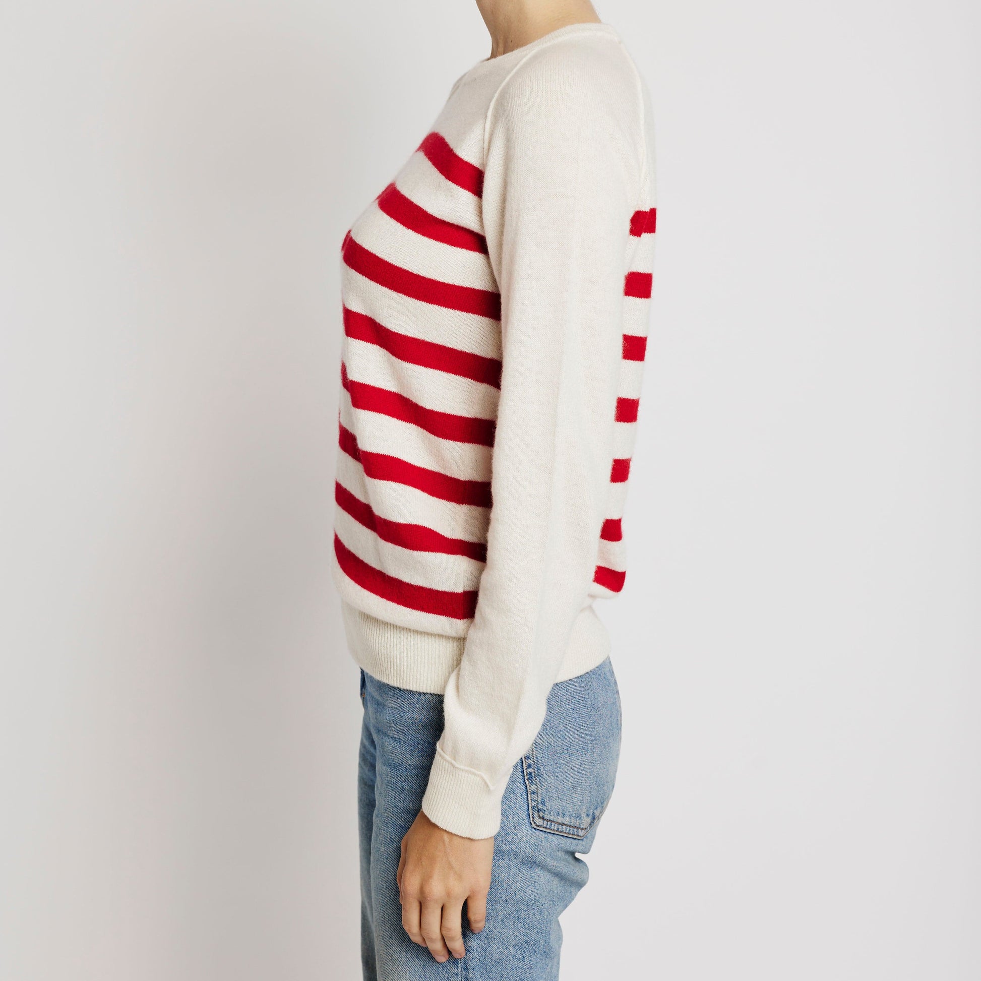 Alabaste Le Breton cashmere striped sweater in red and cream, front view,  100% Mongolian cashmere, fully-fashioned with raglan sleeves.