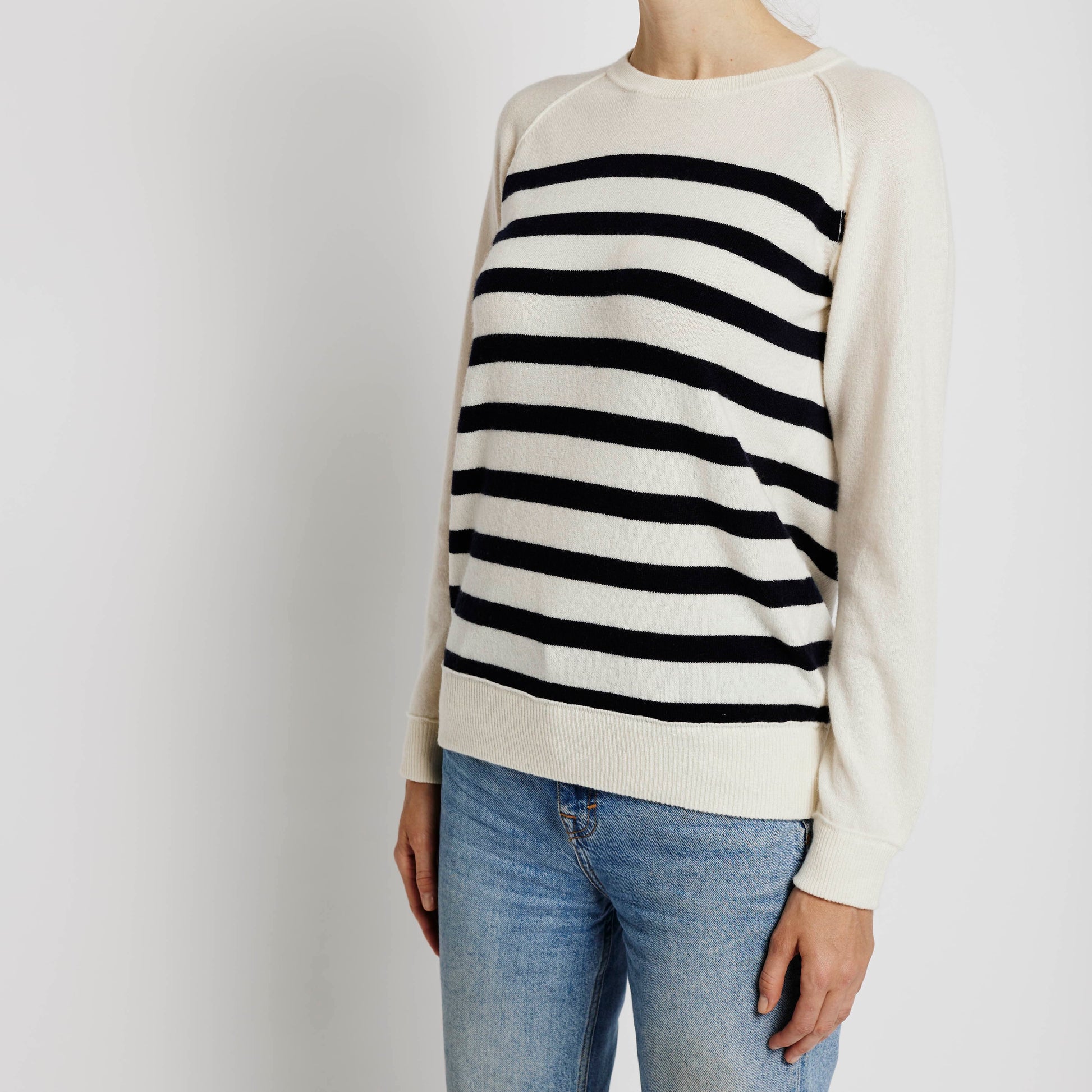 "Alabaste Le Breton cashmere striped sweater in black and cream, size L, side view, 100% Mongolian cashmere, fully-fashioned with raglan sleeves."