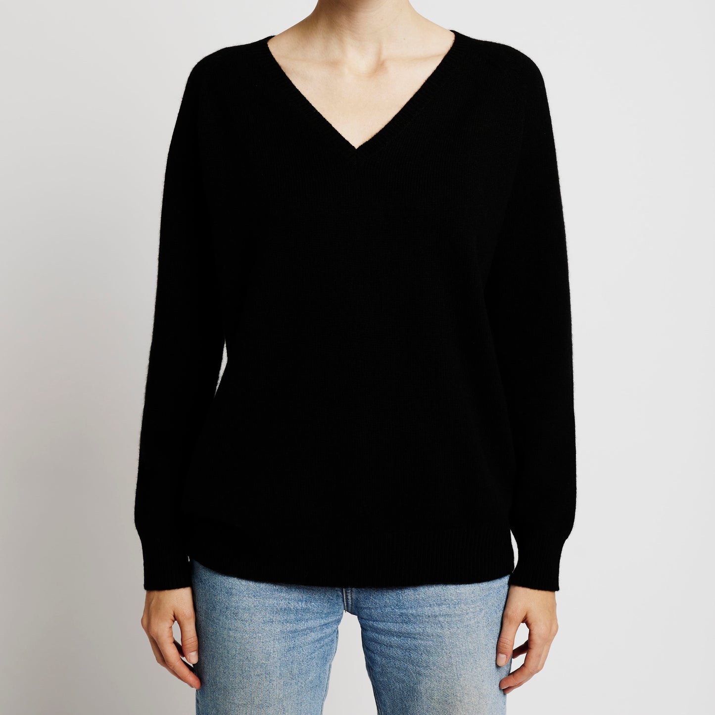 front view mid-blue Boyfriend V-Neck in Mongolian Cashmere