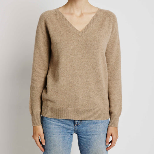 Alabaste Boyfriend V-Neck Cashmere Sweater in Natural Brown